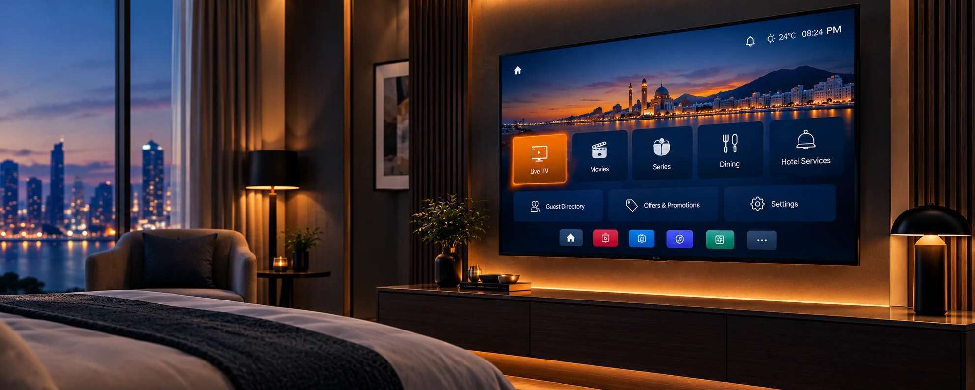 Luxury hotel room with smart TV displaying an IPTV interface for live TV, movies, dining, hotel services, and guest information.