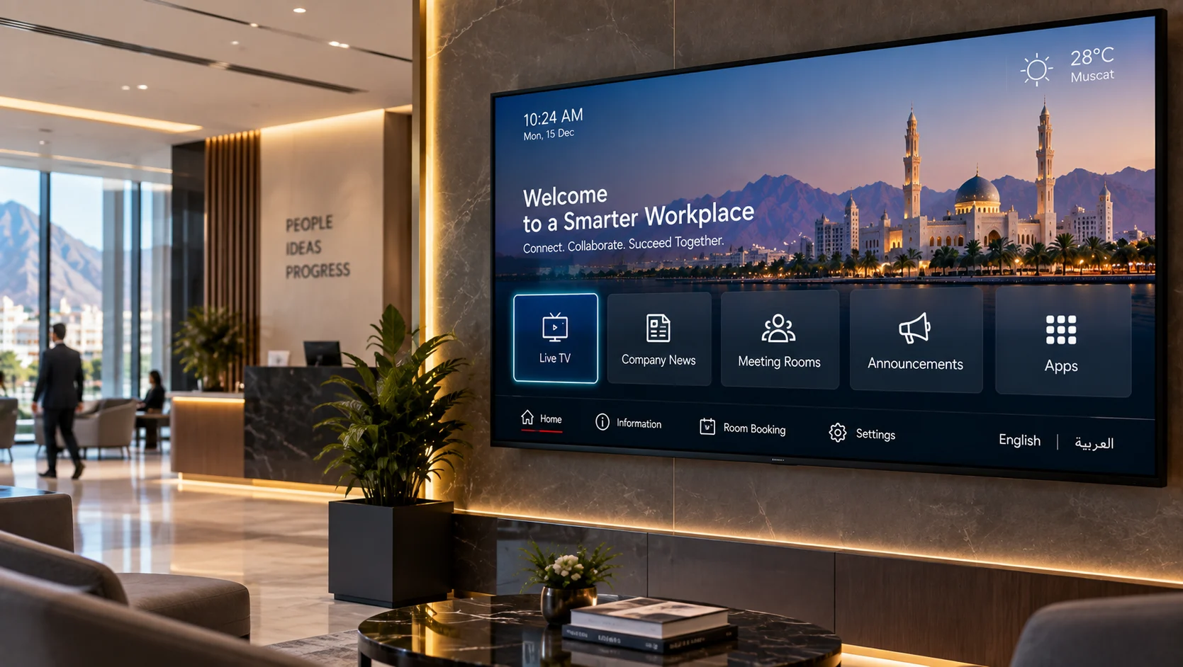 Corporate office with IPTV software interface displaying live TV, company news, meeting rooms, and announcements