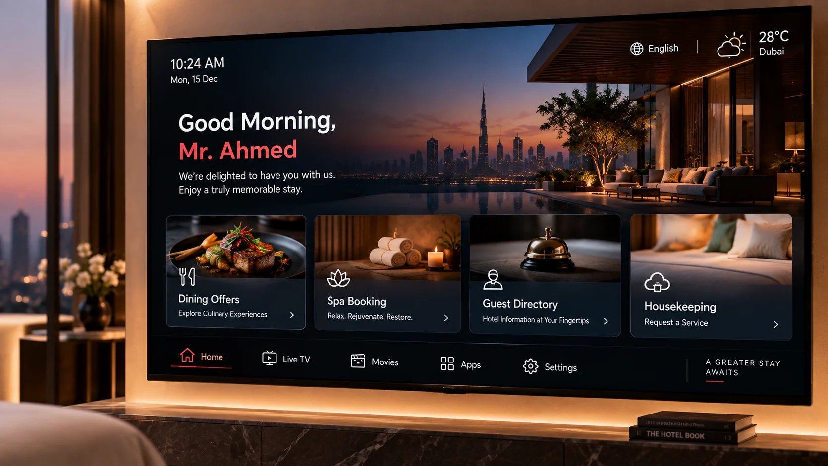 Hotel IPTV software welcome screen showing a personalized guest greeting with Dining Offers, Spa Booking, Guest Directory, and Housekeeping menu tiles