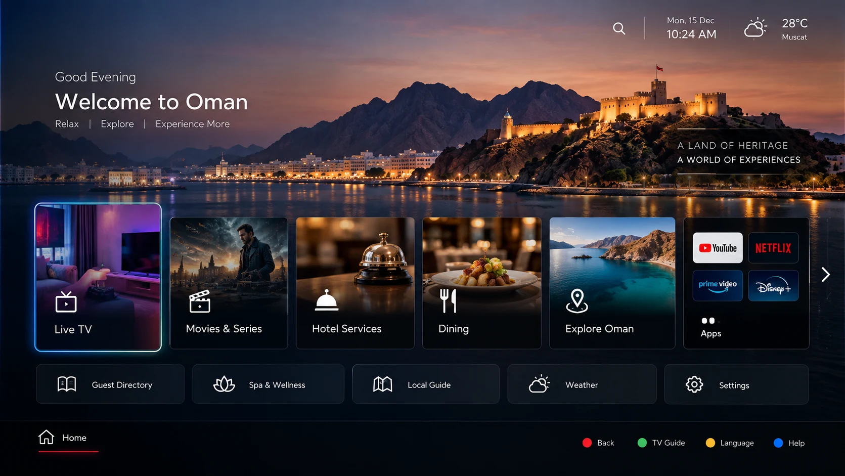 IPTV software interface for managing live TV content, hotel services, and digital entertainment