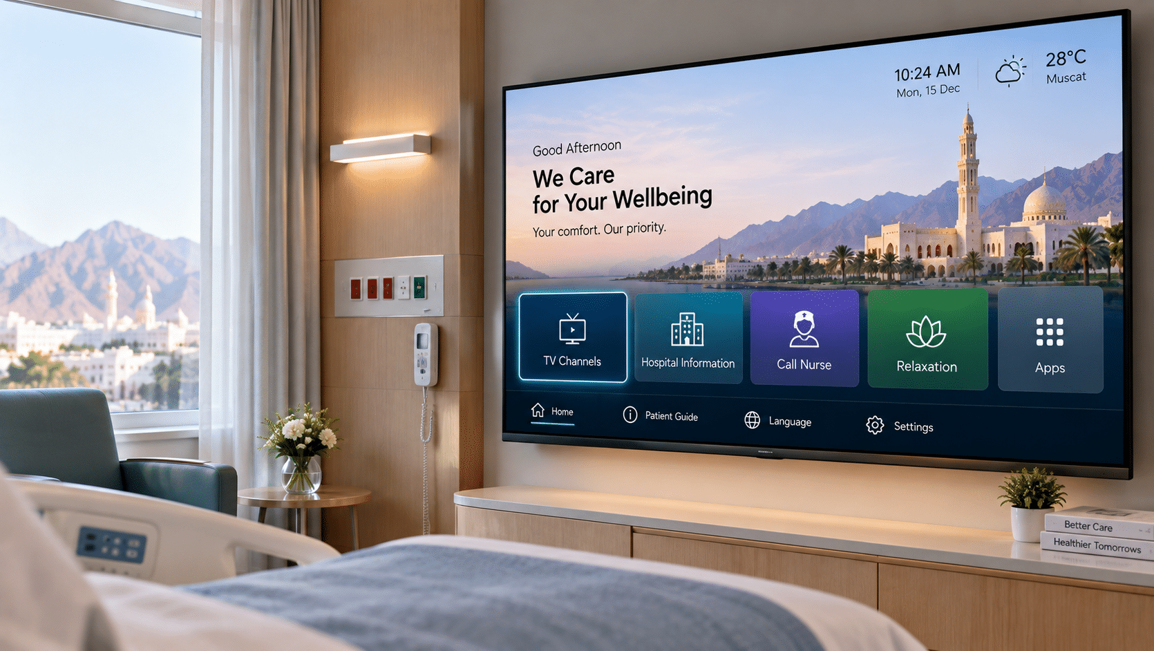 Hospital room with IPTV software interface displaying TV channels, hospital information, patient guide, and nurse call services