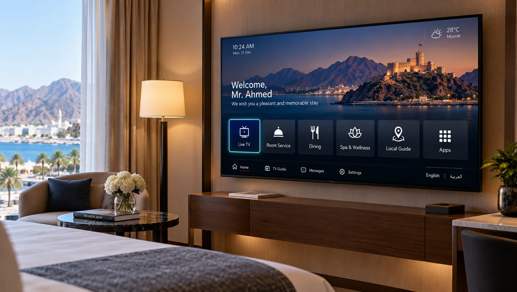 Hotel room with IPTV software interface displaying live TV, room service, dining, and guest services