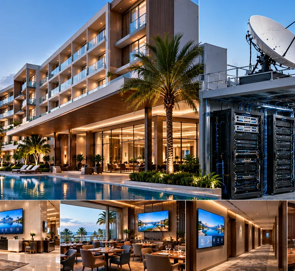 Hotel IPTV infrastructure with luxury resort, satellite dish, IPTV server racks, poolside facilities, lobby, restaurant, hotel corridors, and connected TV displays.