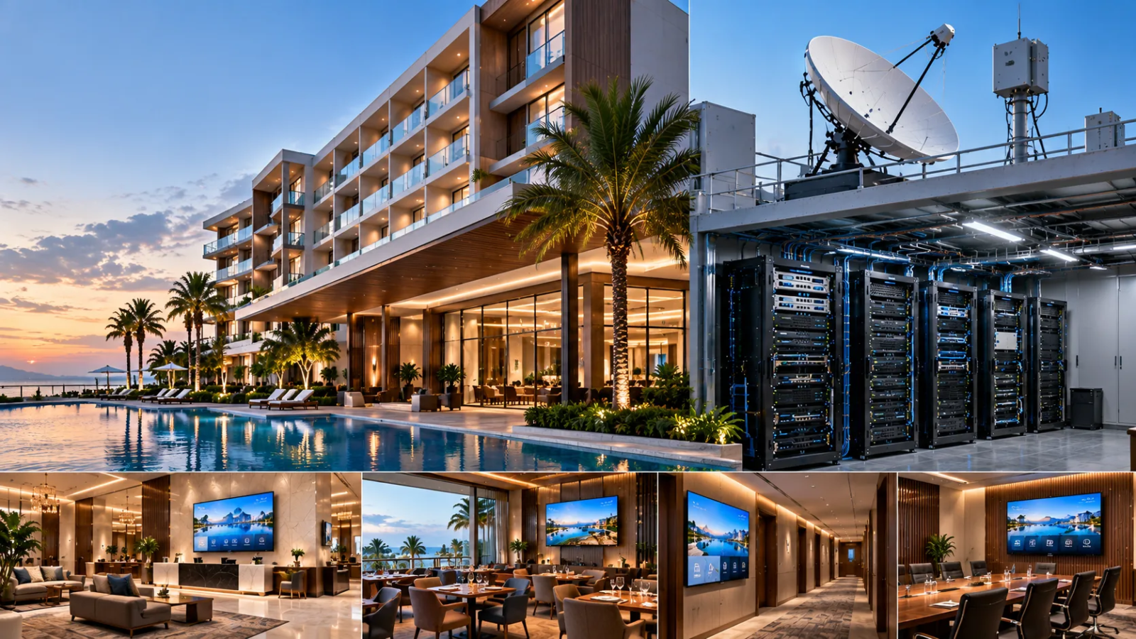 Hotel IPTV infrastructure with luxury resort, satellite dish, IPTV server racks, poolside facilities, lobby, restaurant, hotel corridors, and connected TV displays.