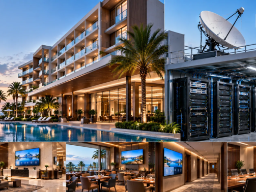 Hotel IPTV infrastructure with luxury resort, satellite dish, IPTV server racks, poolside facilities, lobby, restaurant, hotel corridors, and connected TV displays.