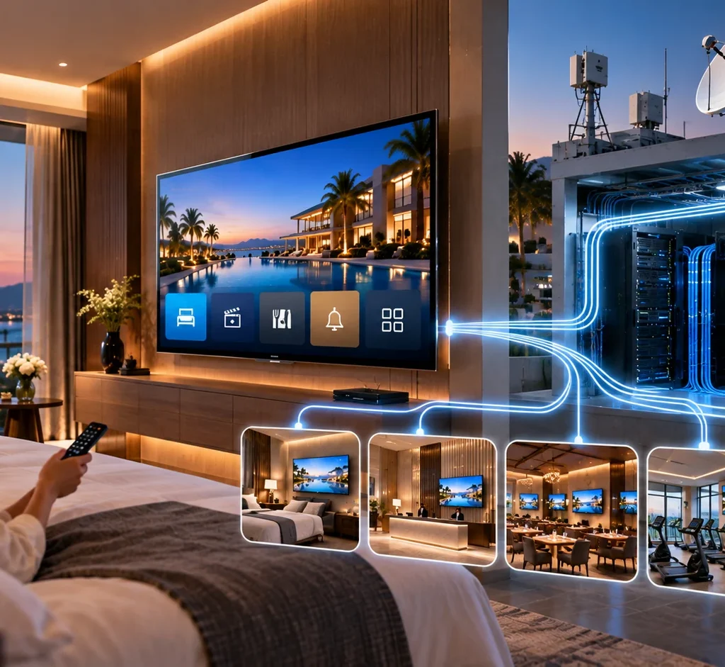 Hotel IPTV infrastructure integration connecting guest room TV, satellite dish, IPTV servers, and hotel-wide entertainment systems.