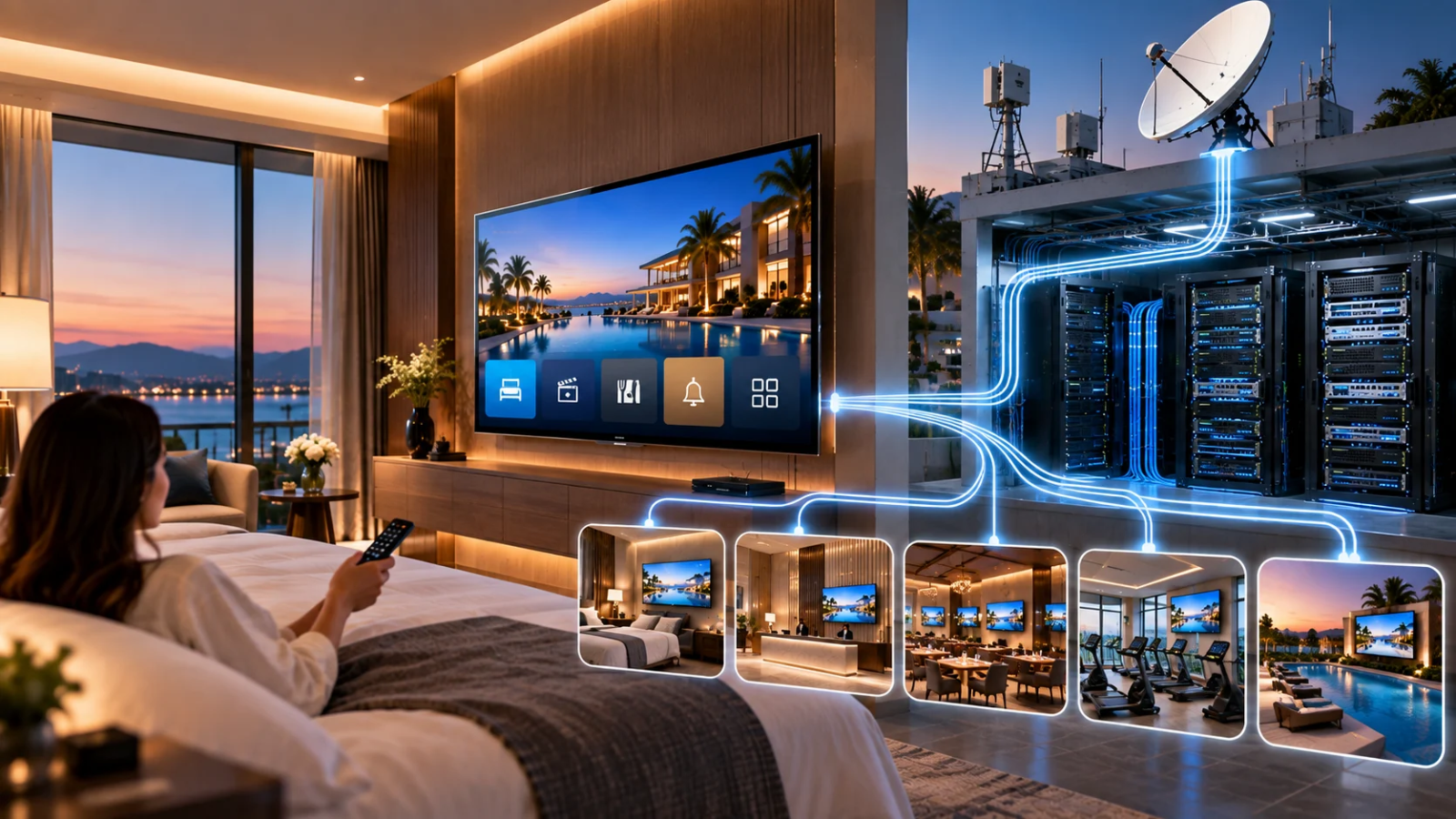 Hotel IPTV infrastructure integration connecting guest room TV, satellite dish, IPTV servers, and hotel-wide entertainment systems.