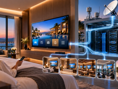 Hotel IPTV infrastructure integration connecting guest room TV, satellite dish, IPTV servers, and hotel-wide entertainment systems.