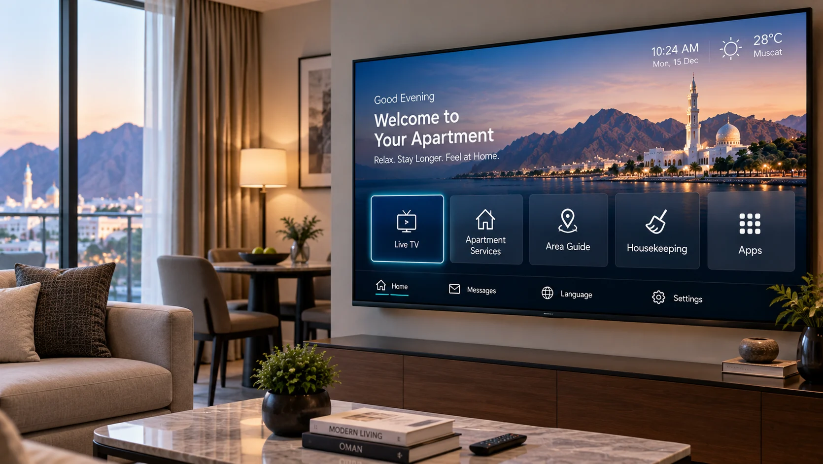 Serviced apartment with IPTV software interface displaying live TV, apartment services, area guide, and housekeeping