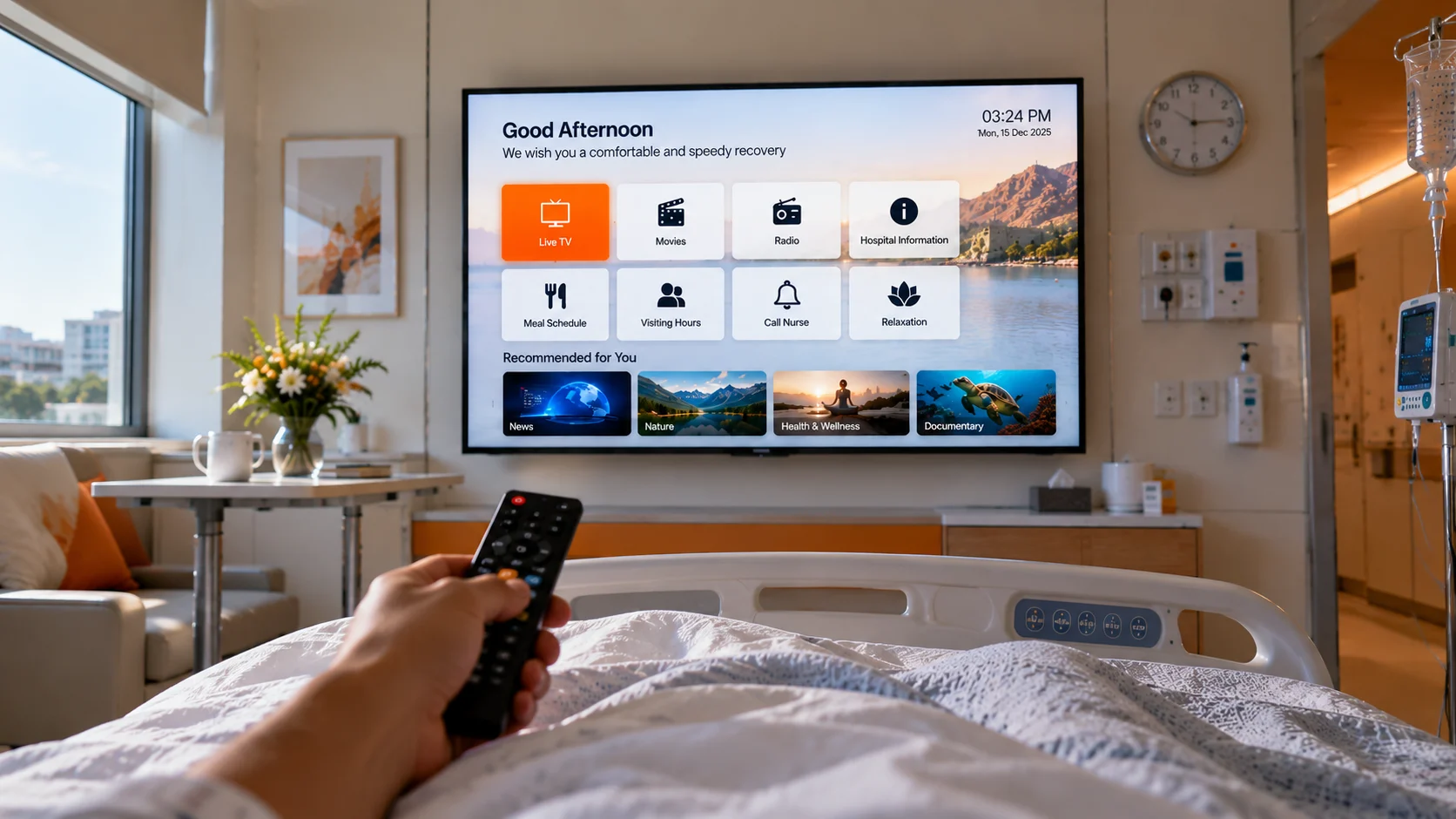 Patient using a simple bedside remote to control a hospital IPTV system from their bed.
