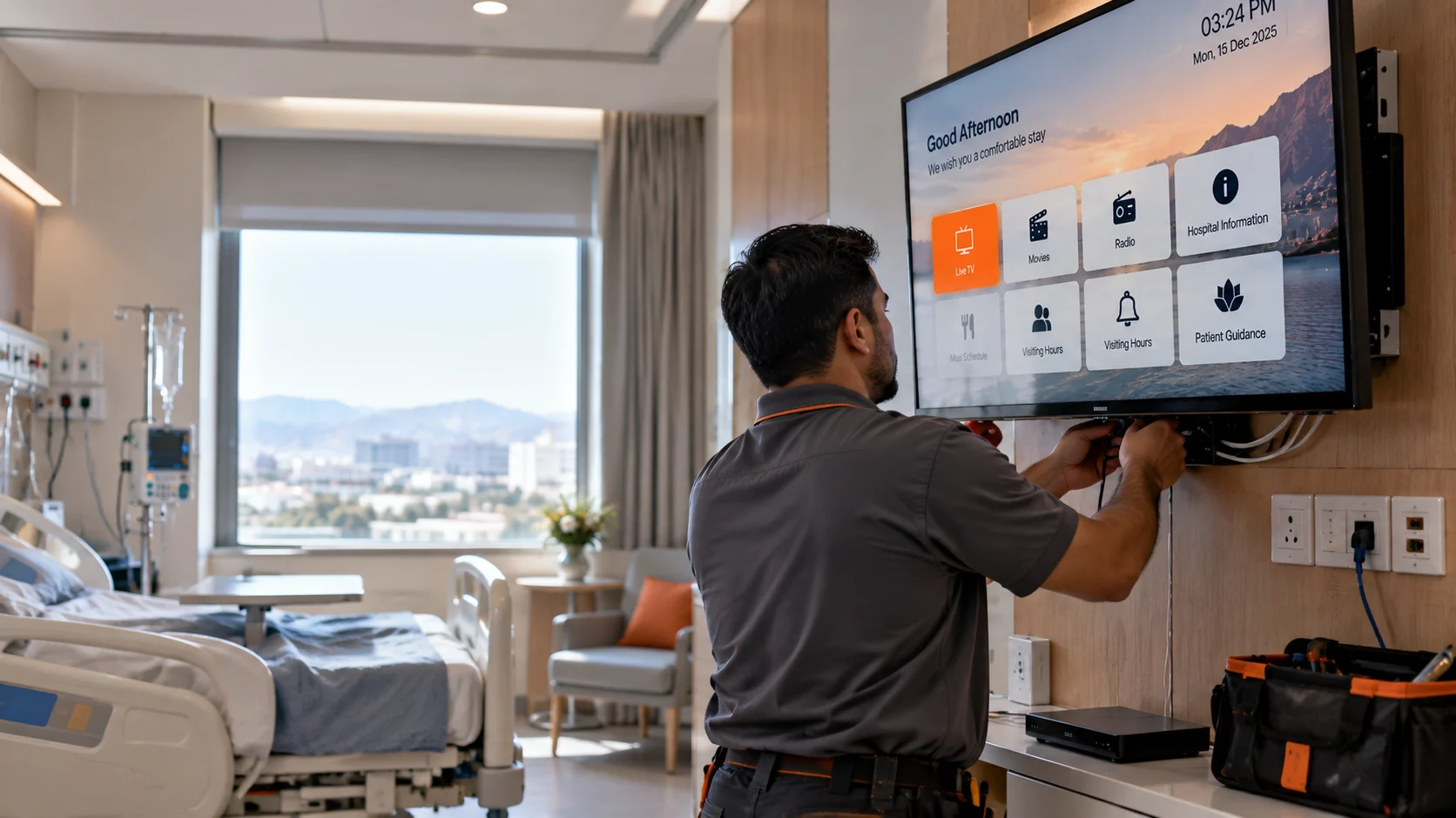 Technician installing and configuring a hospital IPTV system in a patient room.