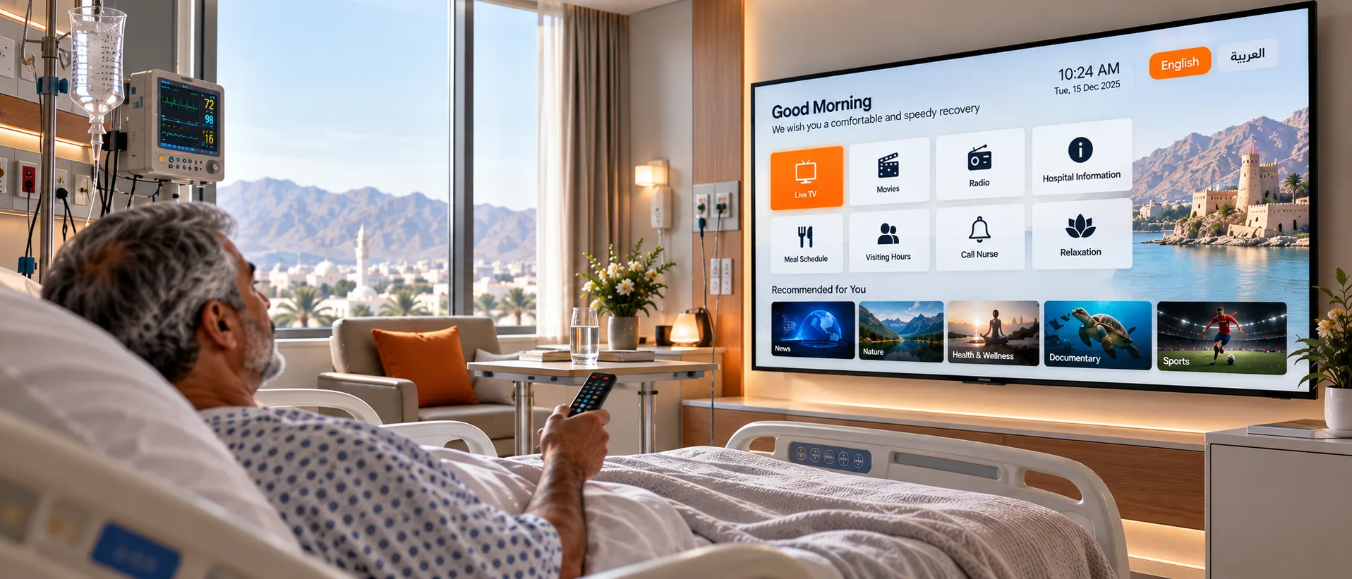 Hospital room with bedside IPTV system displaying a patient entertainment and healthcare information interface.