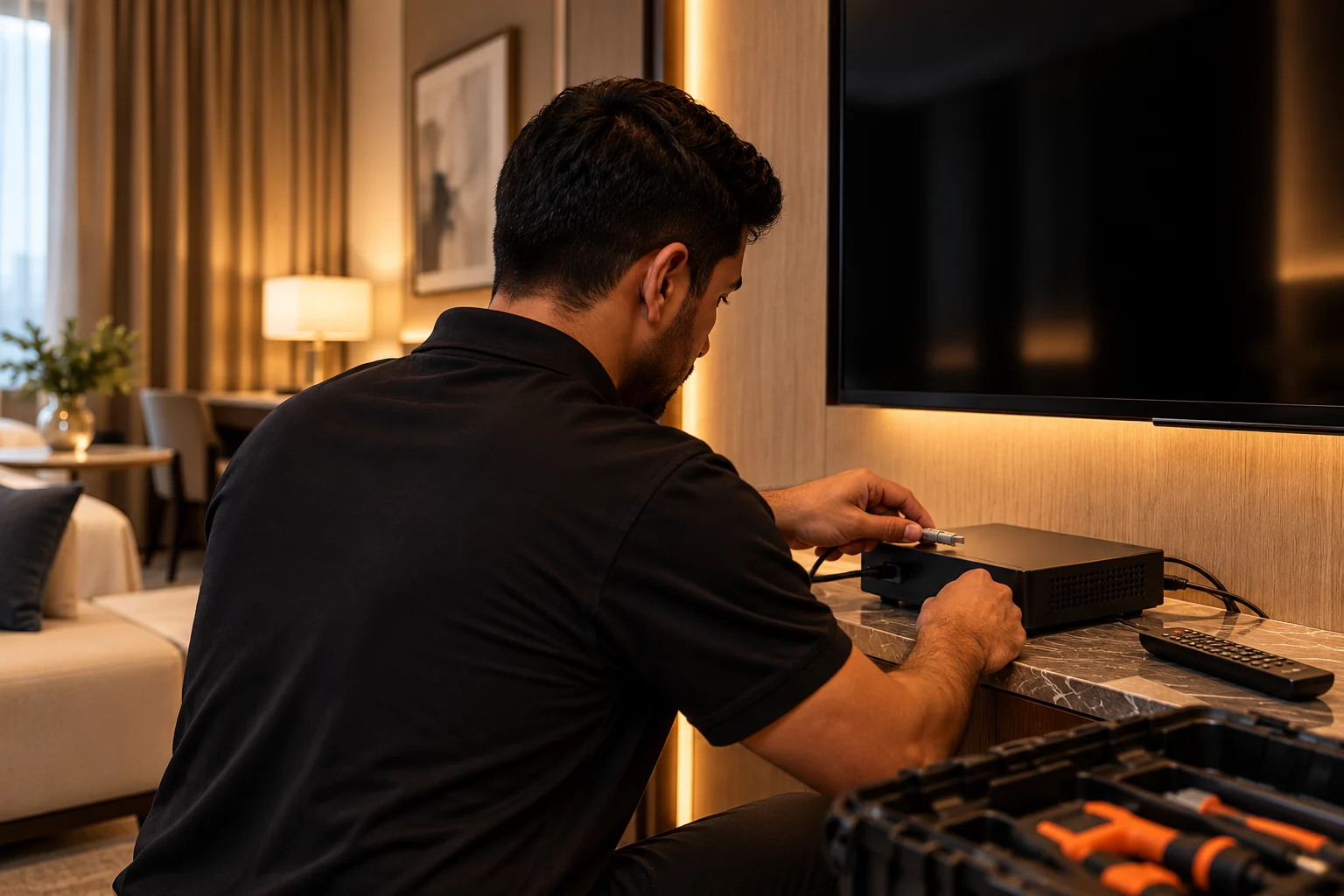 Hotel IPTV maintenance technician connecting a set-top box beneath a wall-mounted TV in a modern hotel room