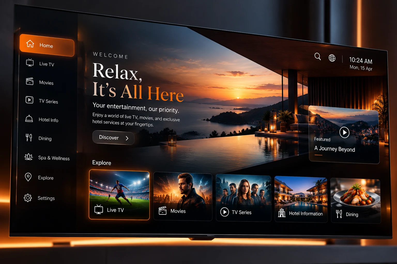 Luxury hotel IPTV welcome screen with guest entertainment options