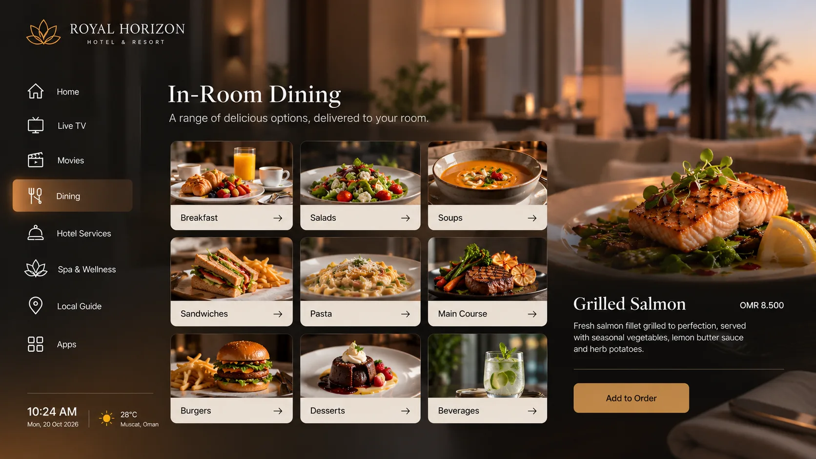 Luxury hotel in-room dining IPTV interface with menu categories and food selections