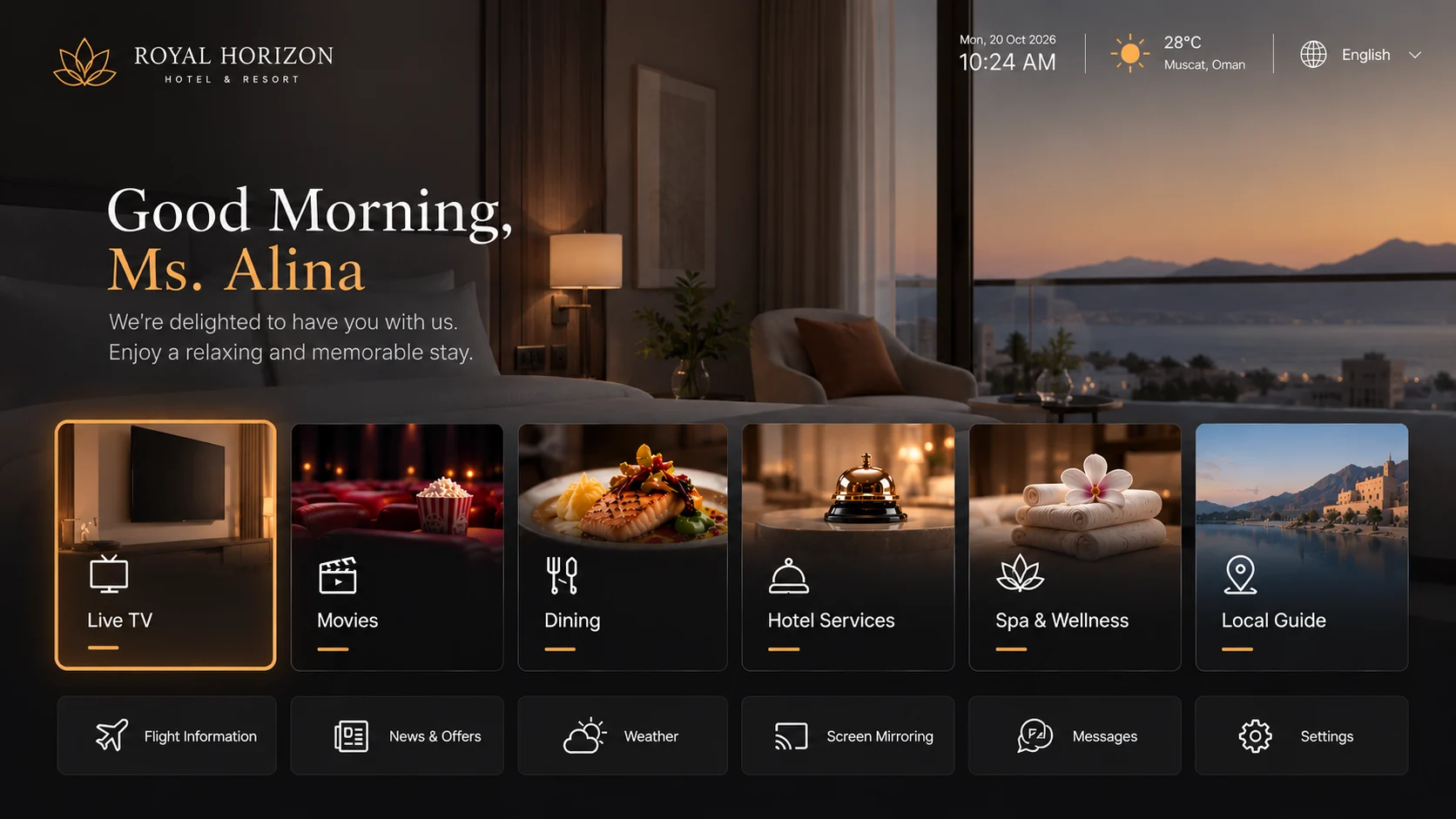 Personalized hotel IPTV welcome dashboard for Royal Horizon Hotel