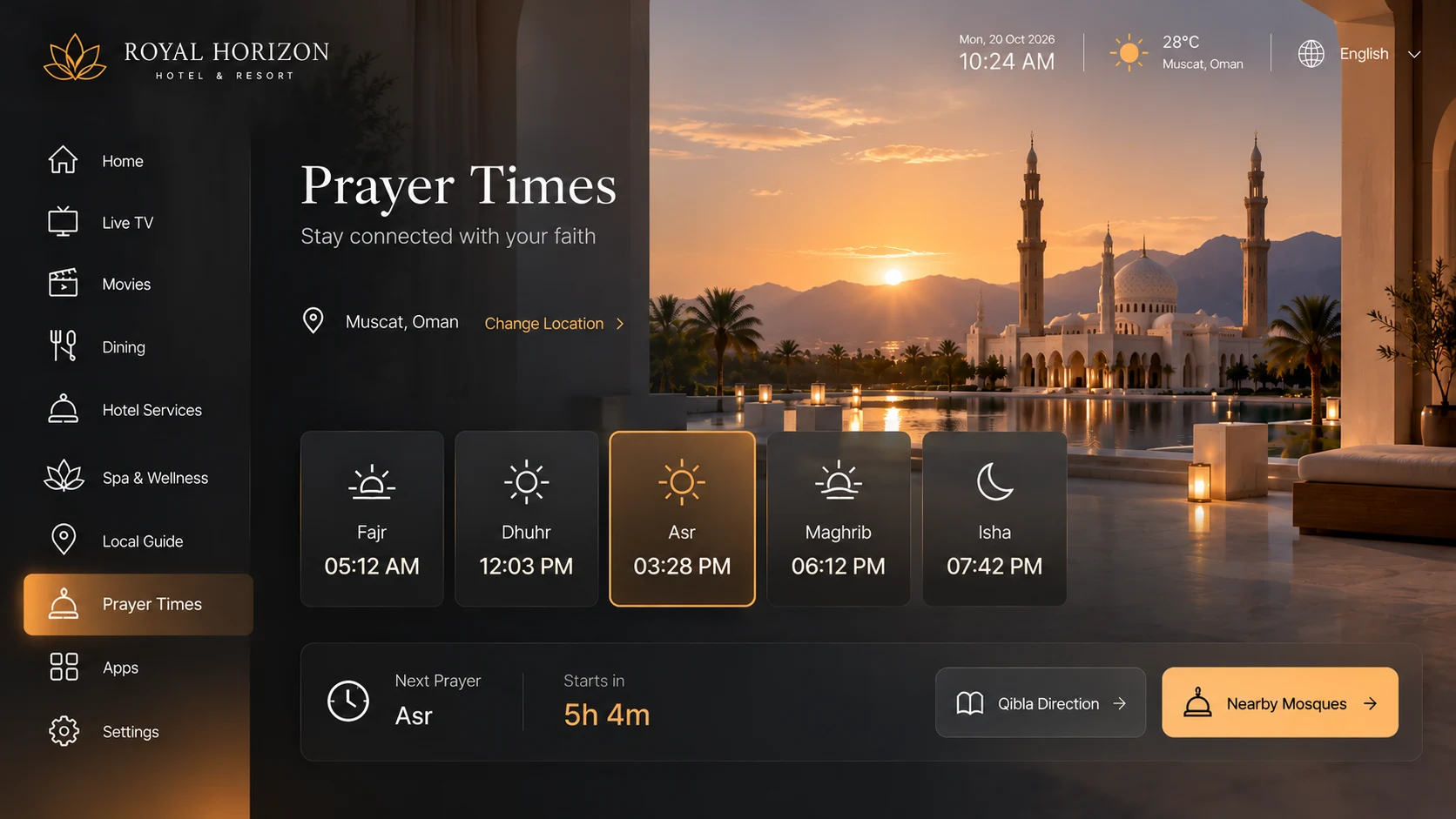 Hotel IPTV prayer times dashboard with prayer schedule and Qibla options