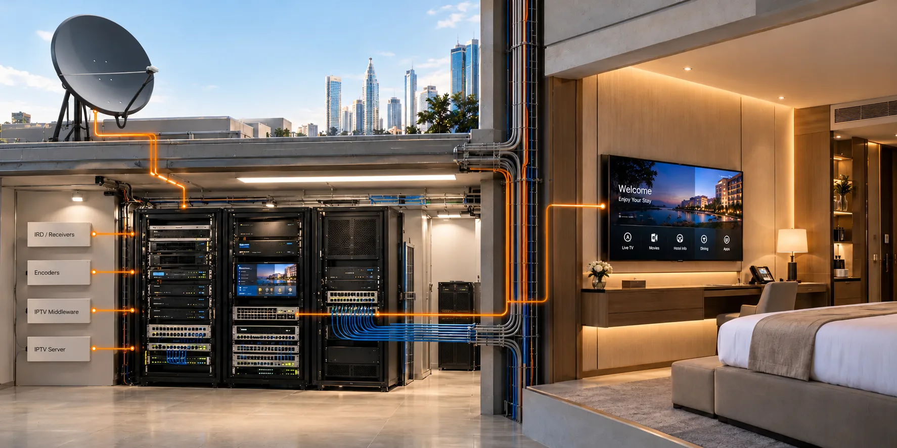Hotel IPTV distribution network connecting a satellite dish, headend servers, encoders, middleware and in-room smart TV