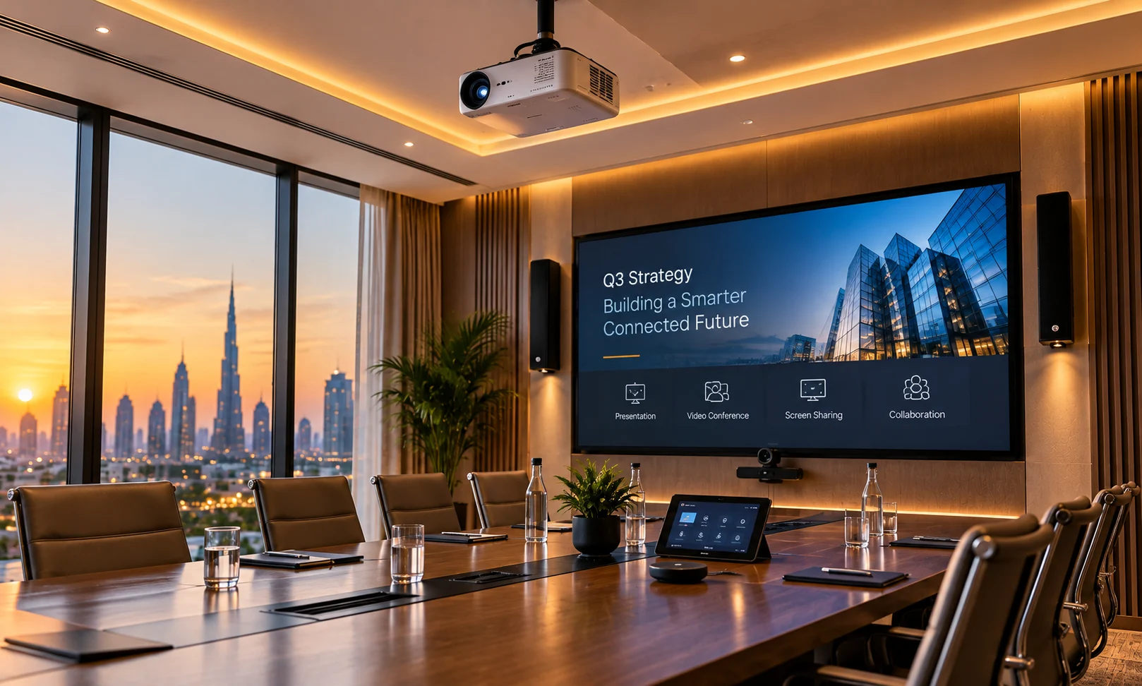Modern corporate boardroom with integrated audiovisual and video conferencing equipment