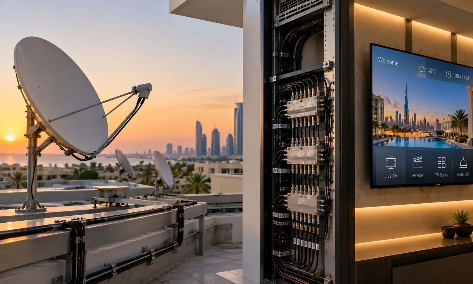SMATV satellite dish and centralized television distribution equipment