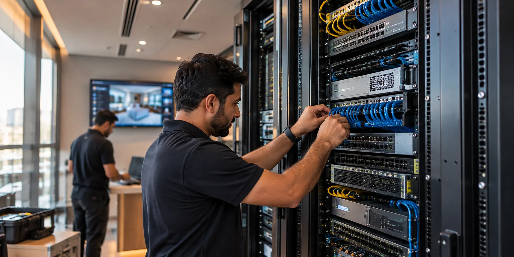 ELV technician configuring network cables in a server rack