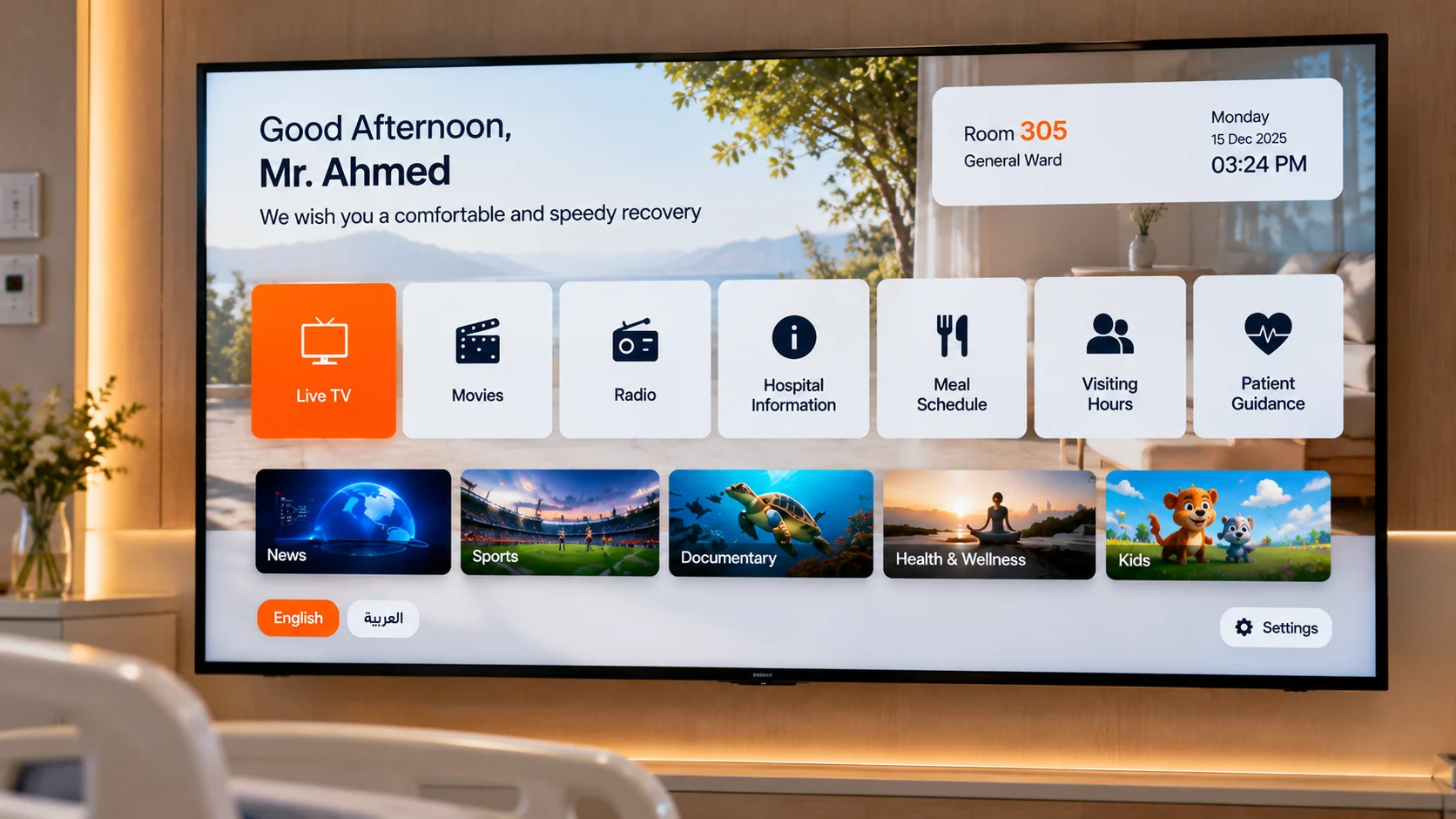 Hospital IPTV welcome screen displaying patient information, entertainment options, hospital services, meal schedules, visiting hours, and bilingual language controls.